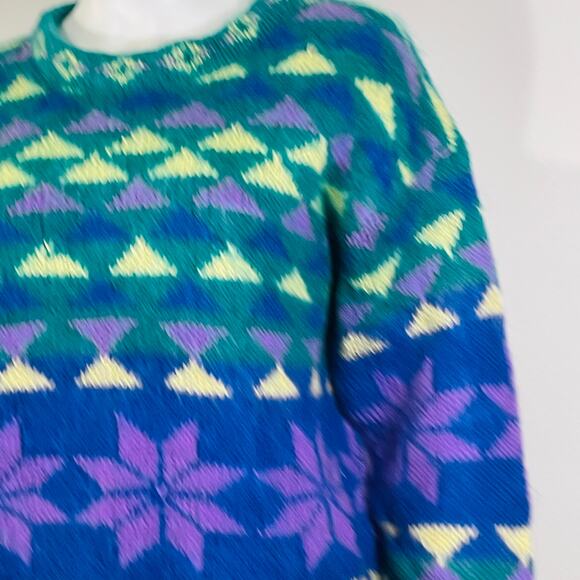 Gallagher Mohair Sweater Womens Large Purple Green Snowflake Abstract Pullover - Picture 10 of 13